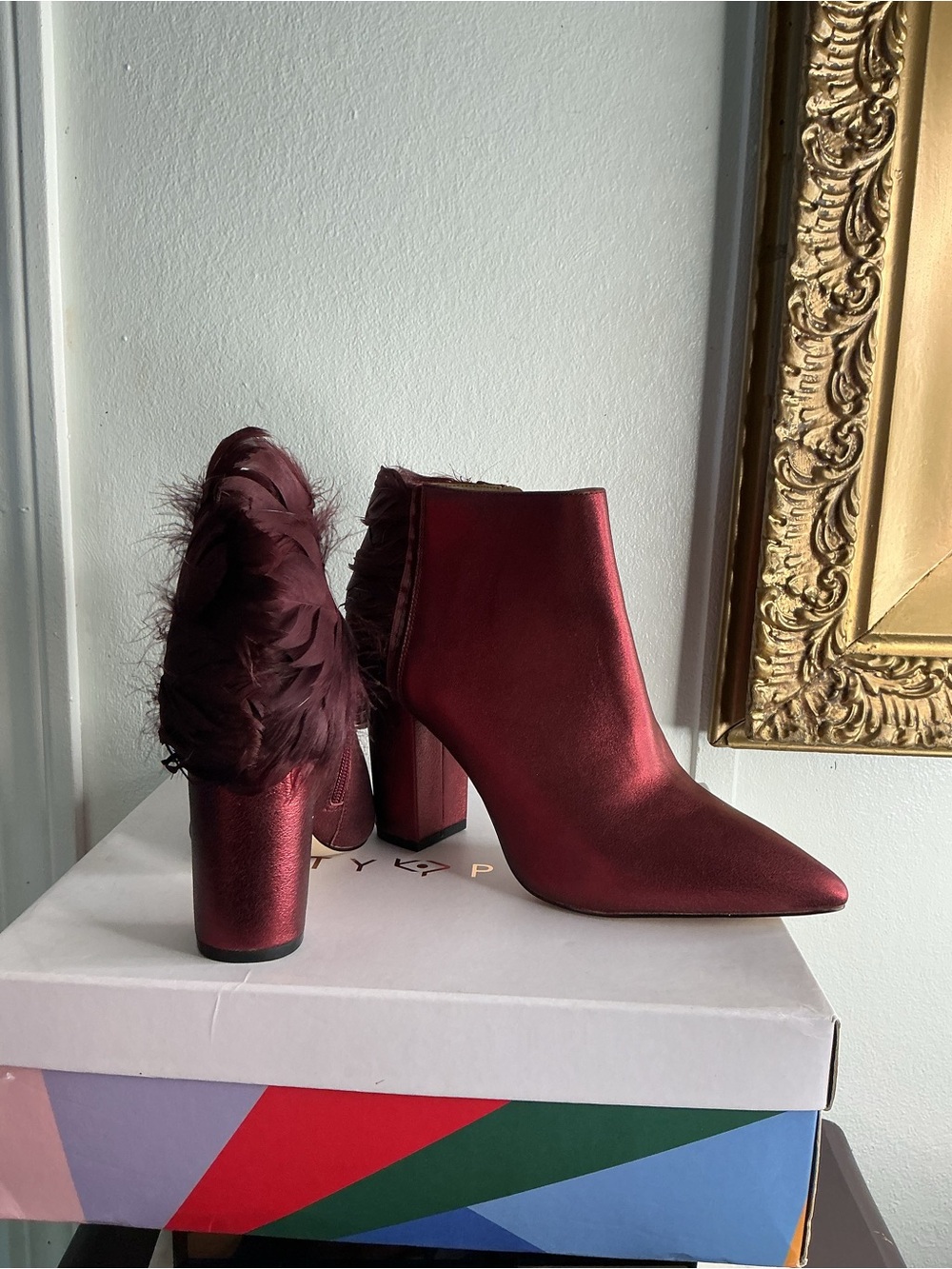 Katy Perry Collections Metallic Burgundy Ankle Boots with Feather Heel - Picture 7 of 9
